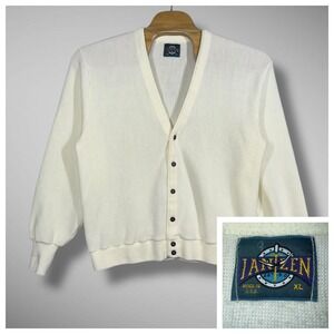 Vintage‎ 80s Jantzen Button Up Cardigan Mens XL White Cream Grandpa Kurt Cobain
